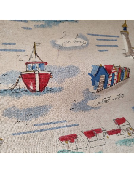 Toile polycoton thème marin bateau de pêche plage  -Tissus Ameublement au mètre pour rideaux coussins réfection