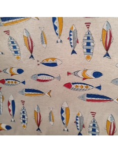 Toile polycoton thème marin poissons mer  -Tissus Ameublement au mètre pour rideaux coussins réfection