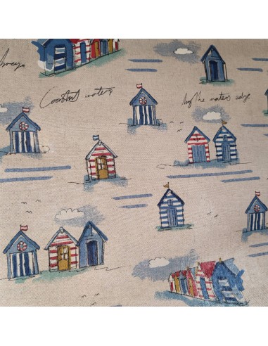 Toile polycoton thème marin cabines de plage mer -Tissus Ameublement au mètre pour rideaux coussins réfection