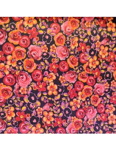 Tissu Polyester noir imprimé multicolore petites fleurs- tissus habillement au mètre - vetement couturiere Docks Biarritz