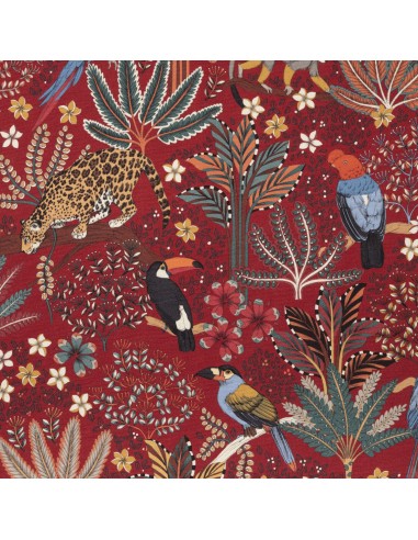 Tissu toile coton NOUVEAU MONDE fond brique THEVENON  - Tissus Ameublement au mètre  - réfection siège rideaux sur mesure