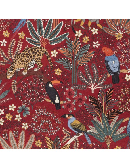 Tissu toile coton NOUVEAU MONDE fond brique THEVENON  - Tissus Ameublement au mètre  - réfection siège rideaux sur mesure