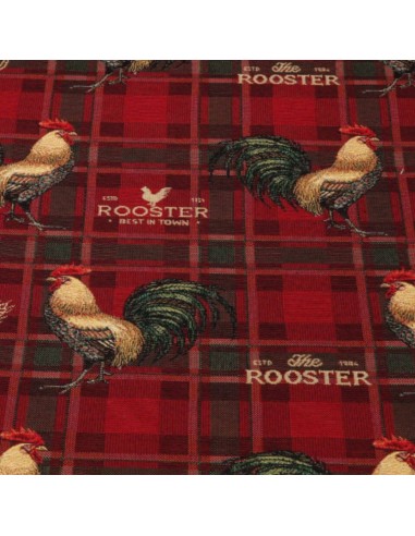 Tissu jacquard gobelin écossais vert rouge coqs poule - Tissus ameublement au mètre - coussin rideaux sur mesure réfection siège