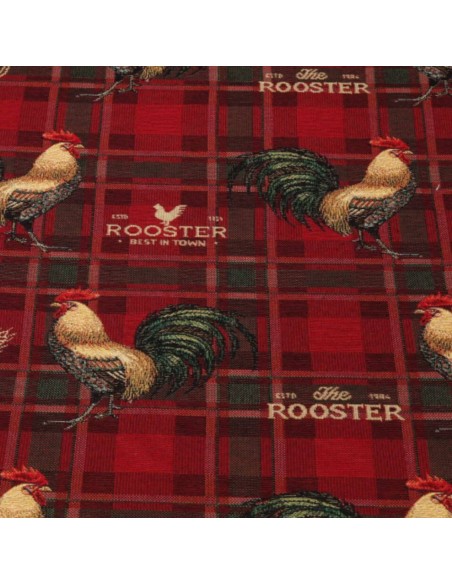 Tissu jacquard gobelin écossais vert rouge coqs poule - Tissus ameublement au mètre - coussin rideaux sur mesure réfection siège