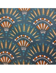 Tissu coton oeko-tex canvas bleu eventail ocre pampa ethnique - Tissus habillement au mètre vente en ligne