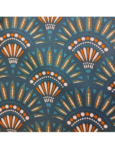Tissu coton oeko-tex canvas bleu eventail ocre pampa ethnique - Tissus habillement au mètre vente en ligne