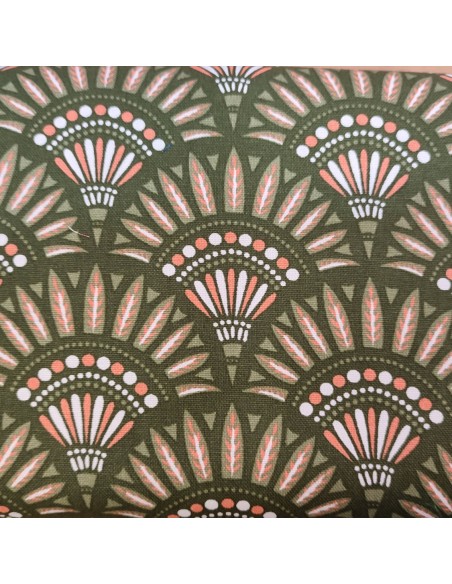 Tissu coton oeko-tex canvas vert eventail ocre pampa ethnique - Tissus habillement au mètre vente en ligne