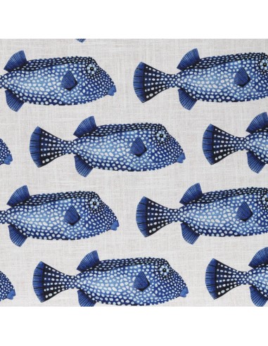 Tissu Toile lin viscose POISSON COFFRE poissons bleu pois blancs fond crème Thevenon - Tissus Ameublement au mètre