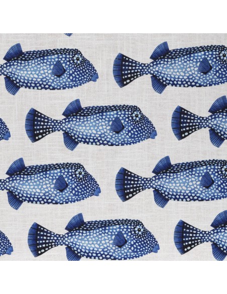Tissu Toile lin viscose POISSON COFFRE poissons bleu pois blancs fond crème Thevenon - Tissus Ameublement au mètre