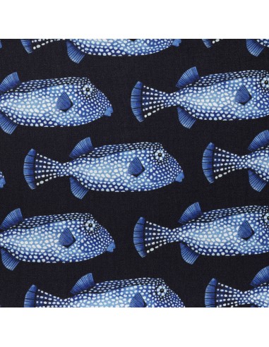 Tissu Toile lin viscose POISSON COFFRE poissons bleu pois blancs fond marine Thevenon - Tissus Ameublement au mètre