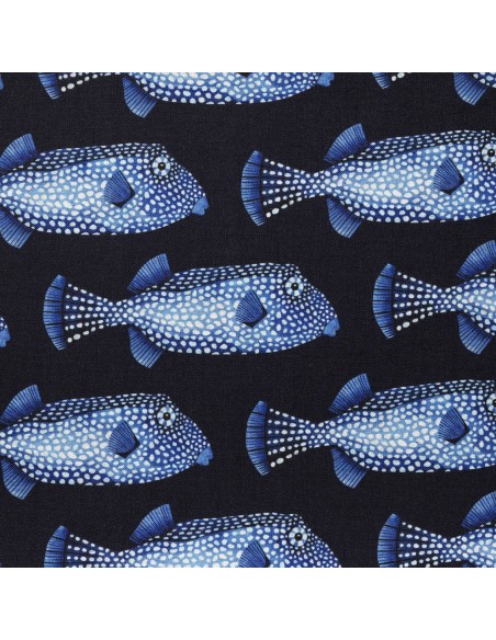 Tissu Toile lin viscose POISSON COFFRE poissons bleu pois blancs fond marine Thevenon - Tissus Ameublement au mètre