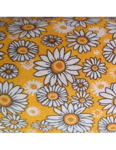 zoom Tissu coton cretonne paquerettes sur  fond jaune - Tissus Ameublement habillement au mètre - lingettes sacs accessoires