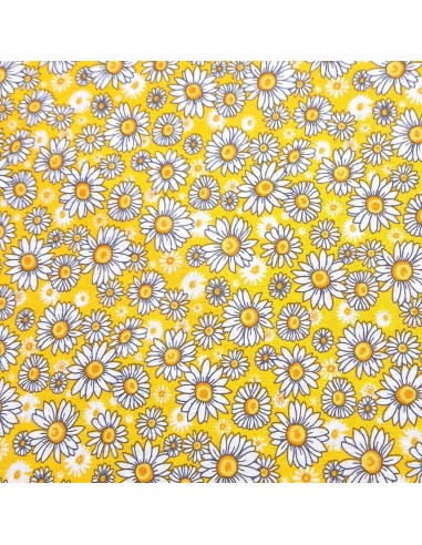 Tissu coton cretonne paquerettes sur  fond jaune - Tissus Ameublement habillement au mètre - lingettes sacs accessoires
