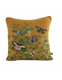 Coussin moutarde lin lavé papillons 45x45 Sud etoffe - linge de maison accessoire décoration interieure Biarritz