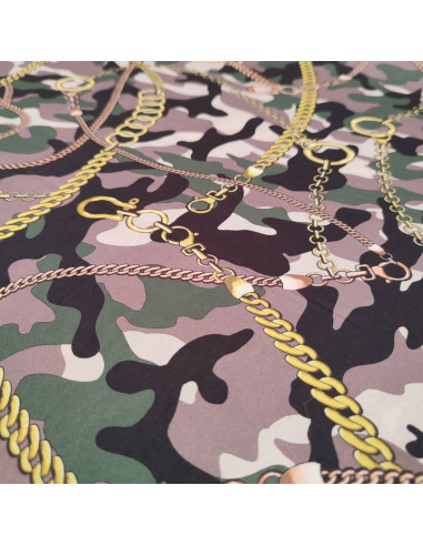 zoom polyester chaines dorées camouflage militaire - tissu habillement au mètre - vêtement couturière haute couture