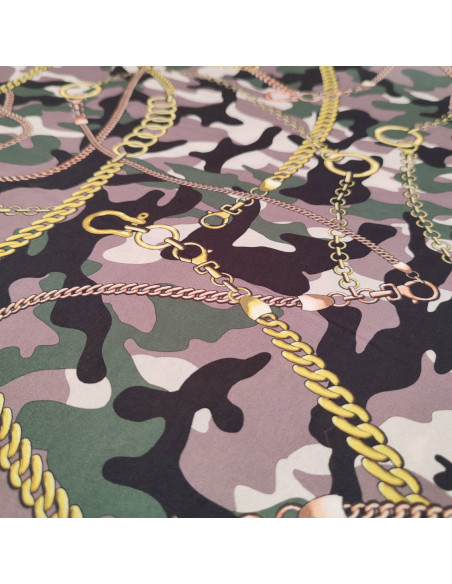 zoom polyester chaines dorées camouflage militaire - tissu habillement au mètre - vêtement couturière haute couture