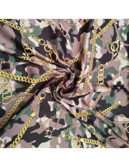 zoom tissu polyester camouflage vert noir chaine or - tissu habillement au mètre - vêtement couturière Docks Biarritz