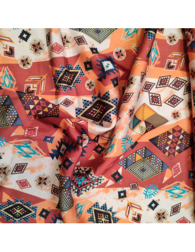 zoom satin polyester ethnique orange turquoise - tissu habillement au mètre - vêtement couturière Docks Biarritz
