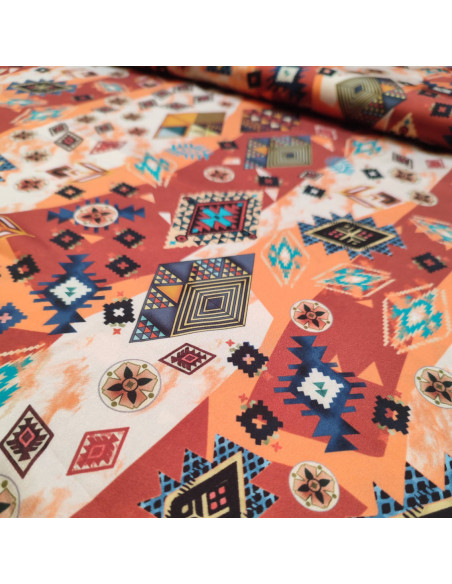 zoom satin de polyester ethnique turquoise orange - tissu habillement au mètre - vêtement couturière haute couture