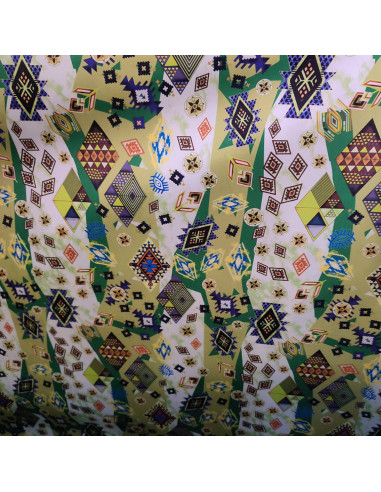 Satin de polyester vert beige et bleu motif ethnique - tissu habillement au mètre - mercerie Dock Biarritz