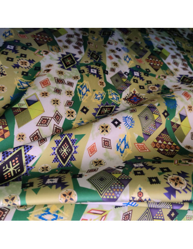 zoom satin polyester ethnique vert bleu beige - tissu habillement au mètre - vêtement couturière Docks Biarritz