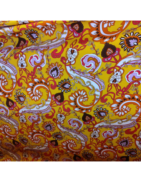 Tissu popeline viscose moutarde paisley fleurs - drapé top jupe fluide - Tissus Habillement au mètre