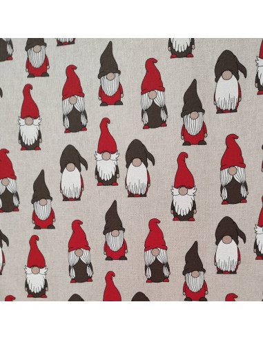 Toile polycoton thème noel gnomes lutins bonnet barbe -Tissus Ameublement au mètre pour rideaux coussins réfection