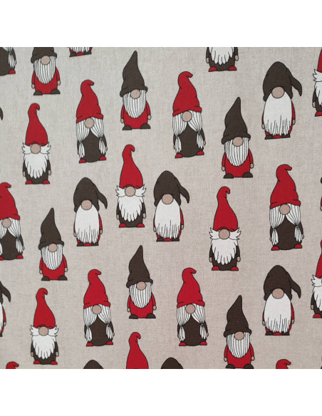Toile polycoton thème noel gnomes lutins bonnet barbe -Tissus Ameublement au mètre pour rideaux coussins réfection