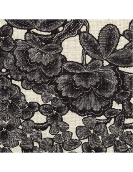 Tissu Toile lin viscose KEW GARDENS jardin japonais fleurs noires fond crème Thevenon - Tissus Ameublement au mètre