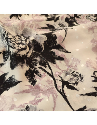Zoom soie à pois motifs roses noires - tissus habillement soie italienne haute couture - vetement couturiere sur mesure