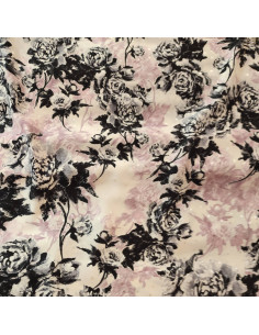 Tissu soie beige rosé à pois et roses noires - tissus habillement soies italiennes haute couture - vetement sur mesure