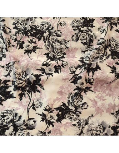 Tissu soie beige rosé à pois et roses noires - tissus habillement soies italiennes haute couture - vetement sur mesure