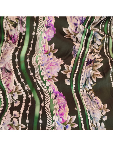 Tissu soie noire bande de fleurs roses et perles - tissus habillement soies haute couture - vetement sur mesure