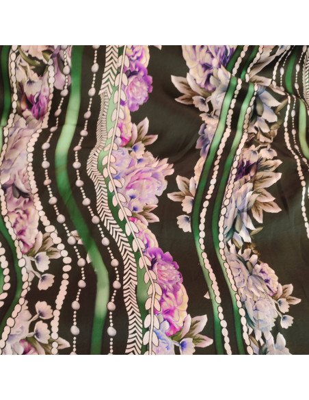 Tissu soie noire bande de fleurs roses et perles - tissus habillement soies haute couture - vetement sur mesure