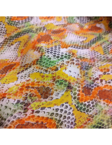 Tissu soie orange vert peau de serpent - tissus habillement soies haute couture - vetement sur mesure