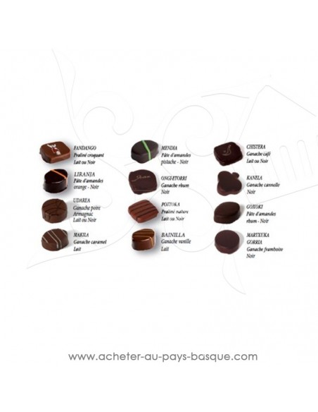 Acheter ou offrir cadeau Ballotin de chocolats Basques assortiment détail noir lait ganache praline - Antton Espelette