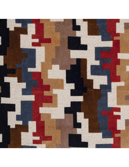 Tissu jacquard velours CAMPBELL bleu brique marron écru - Tissus Ameublement Thevenon au mètre - rideaux coussin réfection siège