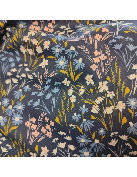Softshell imperméable fleur poppy tissu déperlant oeko-tex envers polaire bleu marine - tissu habillement au mètre