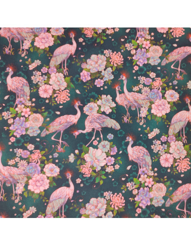 Tissu Coton oiseau grue royale rose fond bleu canard - Tissus habillement au mètre vente en ligne - mercerie biarritz