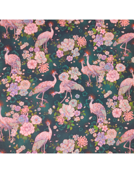 Tissu Coton oiseau grue royale rose fond bleu canard - Tissus habillement au mètre vente en ligne - mercerie biarritz
