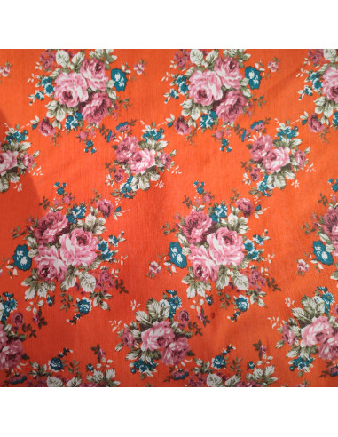 Tissu Jean Stretch élastane orange impression bouquets fleurs - tissus habillement au mètre vente en ligne