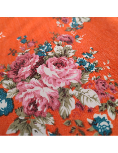 Zoom tissu Jean Stretch élastane orange impression fleurs - tissus habillement au mètre - couturiere Biarritz