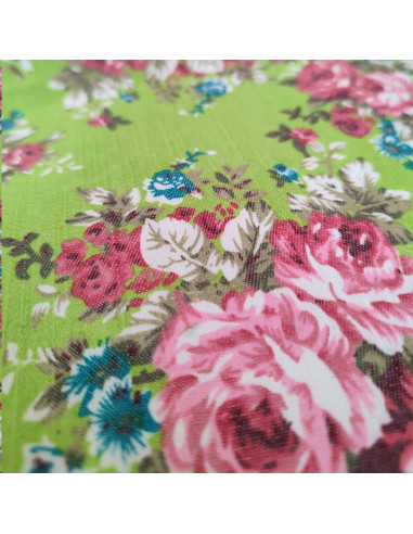 Zoom tissu Jean Stretch élastane vert anis impression fleurs - tissus habillement au mètre - couturiere Biarritz