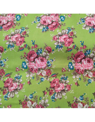 Tissu Jean Stretch élastane vert anis impression bouquets fleurs - tissus habillement au mètre vente en ligne