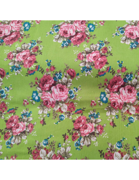 Tissu Jean Stretch élastane vert anis impression bouquets fleurs - tissus habillement au mètre vente en ligne