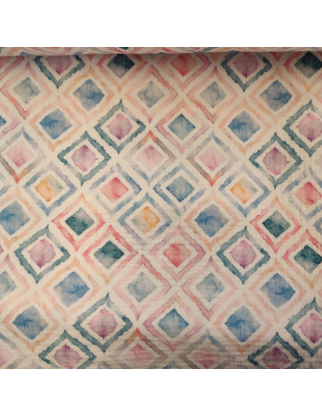 Tissu double gaze aquarelle losanges  - tissus habillement été au mètre - vetements couturiere sur mesure