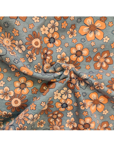 Zoom Tissu Jersey polycoton fleurs  oranges vintage - Tissus habillement au mètre vente en ligne