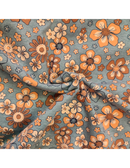 Zoom Tissu Jersey polycoton fleurs  oranges vintage - Tissus habillement au mètre vente en ligne