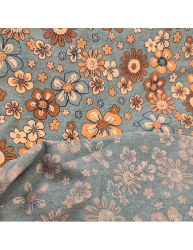 Tissu Jersey polycoton fleurs  oranges vintage zoom - Tissus habillement au mètre vente en ligne