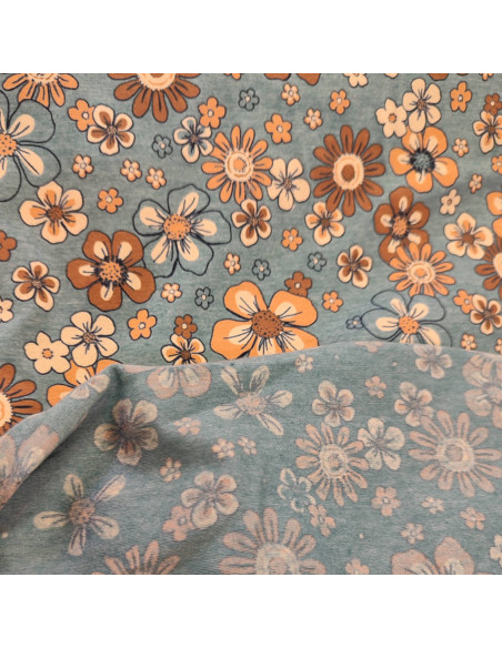 Tissu Jersey polycoton fleurs  oranges vintage zoom - Tissus habillement au mètre vente en ligne